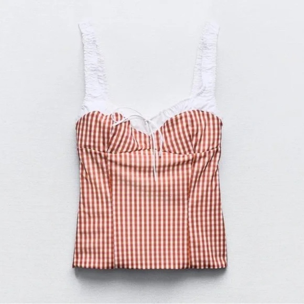 Zara Red Checkered Blouse with White Lace